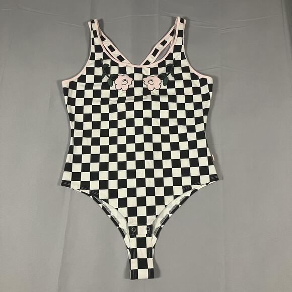 Vans Lazy Oaf Bodysuit Womens Large Black White Checkered Flower Embroidery Tank - Picture 1 of 13